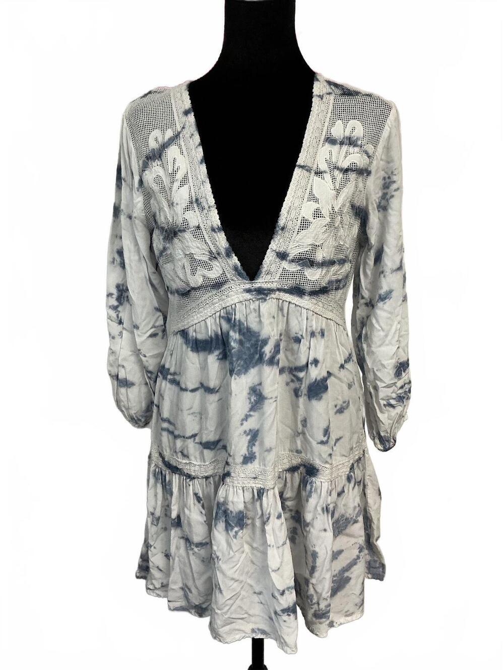 Blue Island Women's Tie-Dye Boho Dress with Deep V-Neck and Embroidered Details,